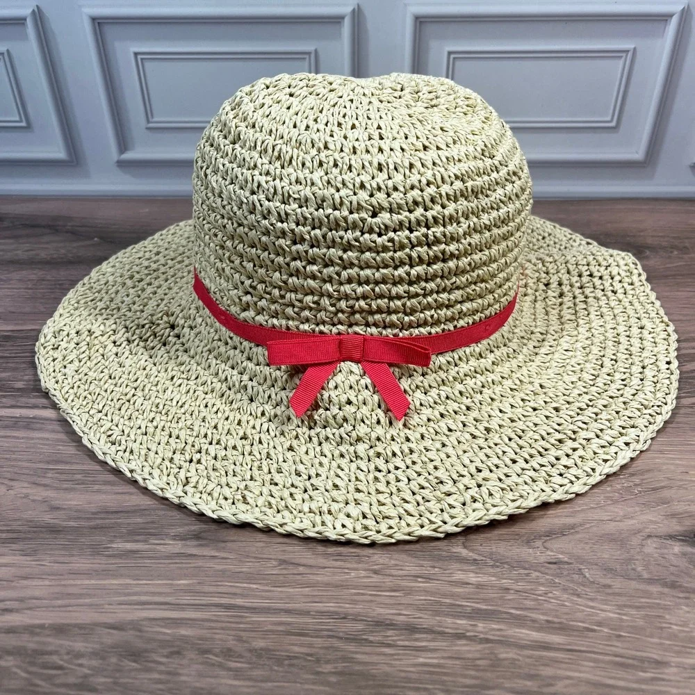 Gymboree Floppy Sun Hat Kids Beige Red Ribbon Bow Woven Straw Wide Brim M